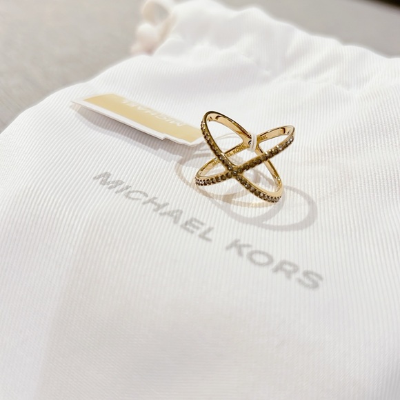 Michael Kors Gold Tone Steel Criss-Cross Clear Pave Crystal Ring - Picture 9 of 12